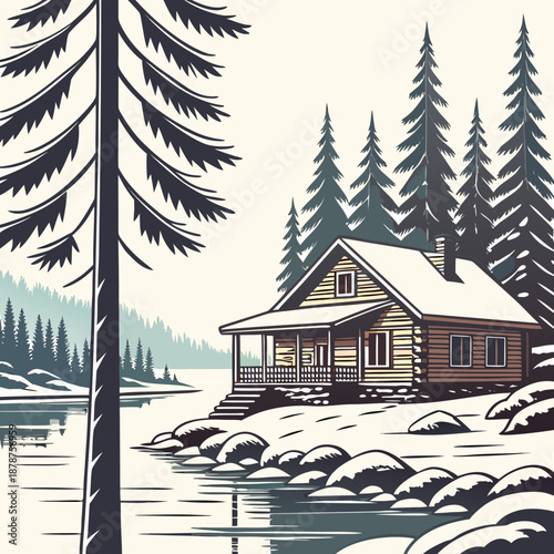 Wooden cabin on snowy lakeshore with detailed trees