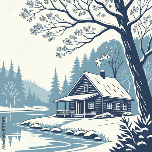Winter lakeside cabin with snow and trees