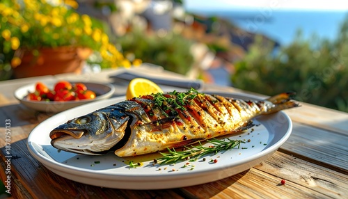 屋外テーブルに置かれた魚料理が自然と調和した食事の時間を表現