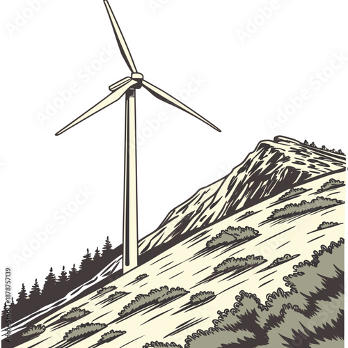Wind turbine on a hillside with trees and a mountain
