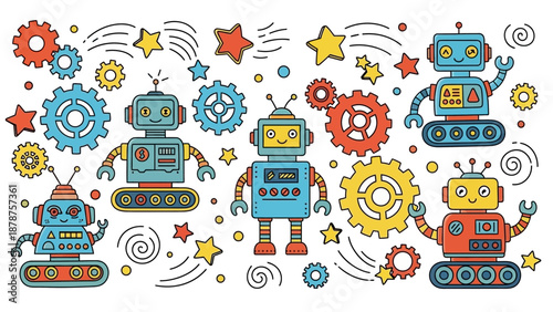 Robots surrounded by stars and gears in a whimsical illustration of technology and machinery