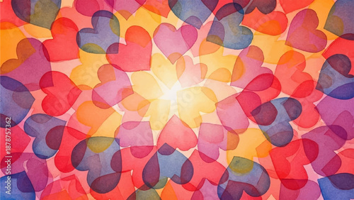 A vibrant collection of colorful watercolor hearts arranged in a radiant pattern, symbolizing love and affection