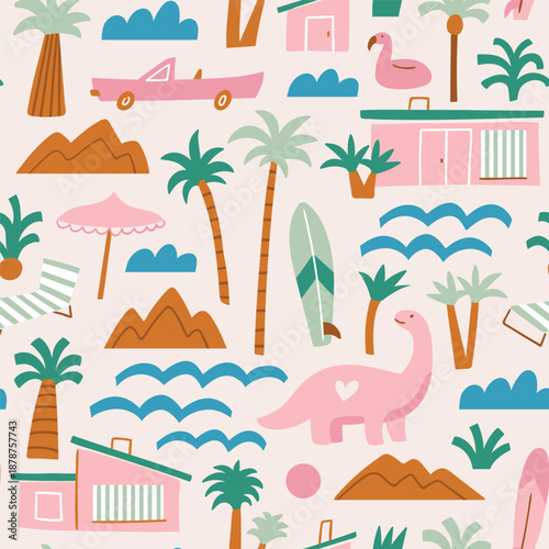 Vector palm springs seamless pattern. Summer vacation fabric design. 