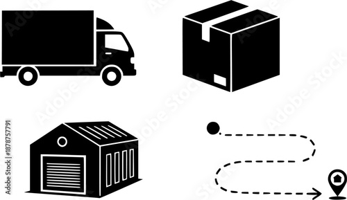 Logistics icon set featuring delivery truck, package, warehouse, and route symbols
