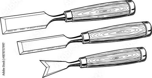 Detailed illustration of three wood chisels isolated on a white background
