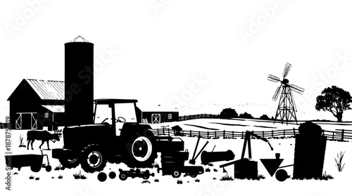 Old countryside farm silhouette with a rustic tractor and various agricultural equipment scattered around, a traditional barn house with a sloping roof, a tall silo tower standing adjacent, and a vint