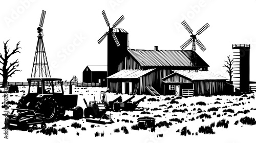 Old countryside farm silhouette with a rustic tractor and various agricultural equipment scattered around, a traditional barn house with a sloping roof, a tall silo tower standing adjacent, and a vint
