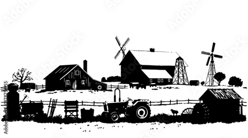 Old countryside farm silhouette with a rustic tractor and various agricultural equipment scattered around, a traditional barn house with a sloping roof, a tall silo tower standing adjacent, and a vint