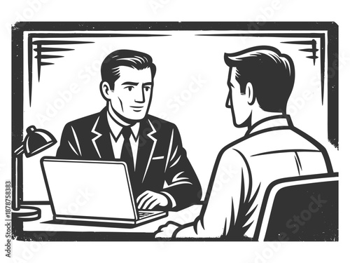 two businessmen in suits discussing work across a desk with a laptop, coffee, and documents sketch engraving generative ai fictional character vector illustration. Scratch board. Black and white image