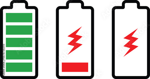 Vector Battery Status Icons Set: Full, Low, and Charging Indicators.