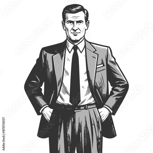 confident man in a suit standing with hands in pockets, symbolizing power and self-assurance sketch engraving generative ai fictional character vector illustration. Scratch board. Black and white.