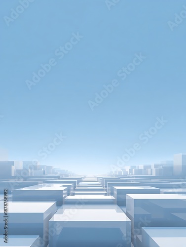 Blue Glass Blockscape Leading Toward a Bright Horizon in Minimalist 3D Space