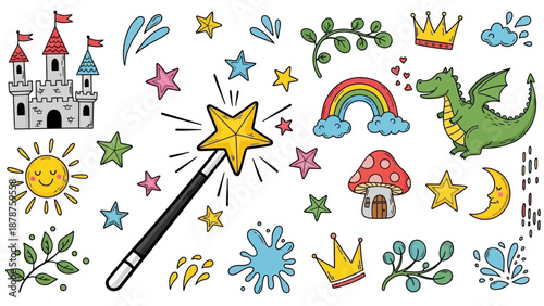 Whimsical fantasy illustration featuring magic wand, stars, rainbow, and mythical creatures in a dreamy setting from a straightforward viewpoint