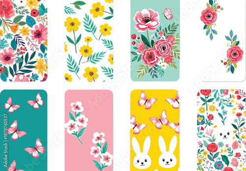 Cheerful spring designs featuring flowers butterflies and bunnies for seasonal greetings