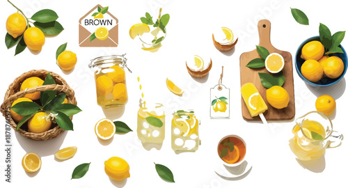 Refreshing lemon themed flat lay with lemonade cupcakes and fresh lemons on white