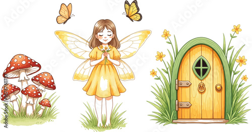 Charming fairy illustration with mushrooms butterflies and a whimsical fairy door