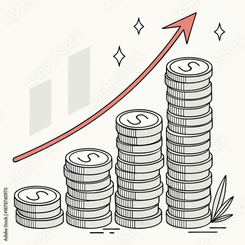 Stacks of coins with rising arrow and bar graph money
