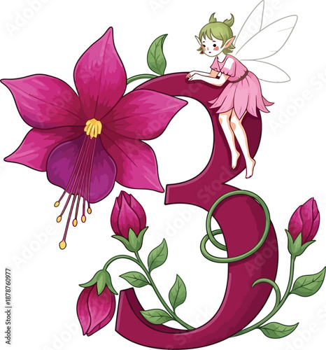 Charming number three illustration with a cute fairy and fuchsia flowers for birthday decor