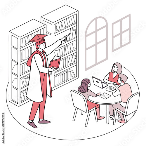 Scholar guiding students in library with books and computers