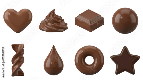 Milk chocolate set including heart, swirl, square, sphere, twist, drop, donut, and star shapes. Sweet candy and confectionery collection for dessert design.