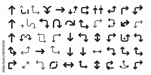 Set of black arrows or pointers in different styles, directions and shapes, navigation signs