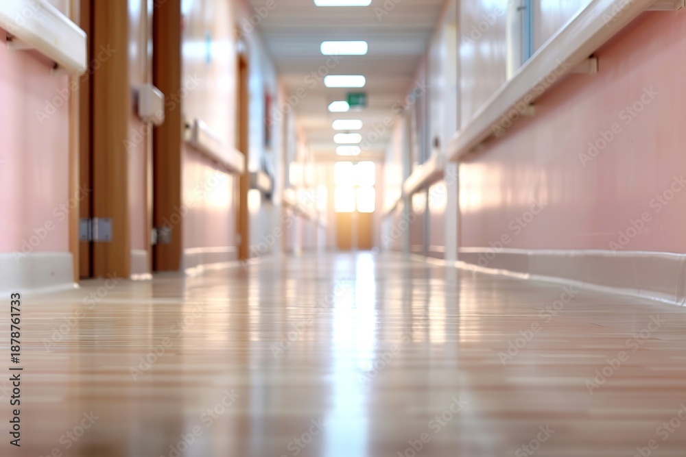 custom made wallpaper toronto digitalA corridor in a pediatric hospital shows a long path with bright lighting. The floor reflects warm light while the walls are painted in soft colors. The setting is busy with activity during the day