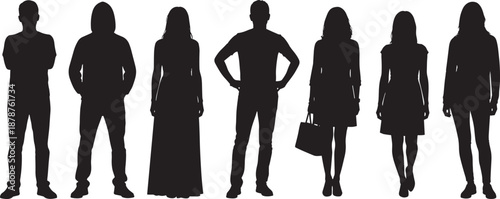 Black silhouettes of a diverse group of men and women standing in casual poses isolated on white background for lifestyle fashion and community concepts