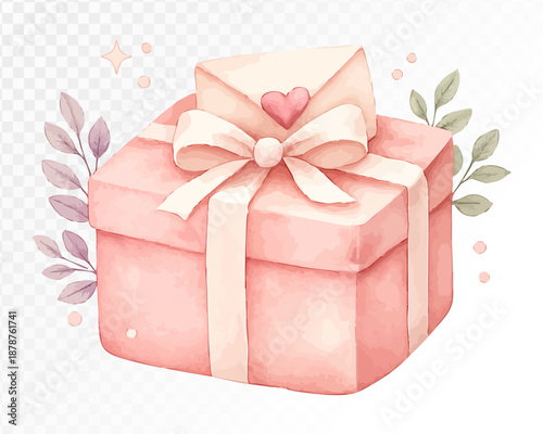 Watercolor pink gift box with bow, romantic holiday illustration