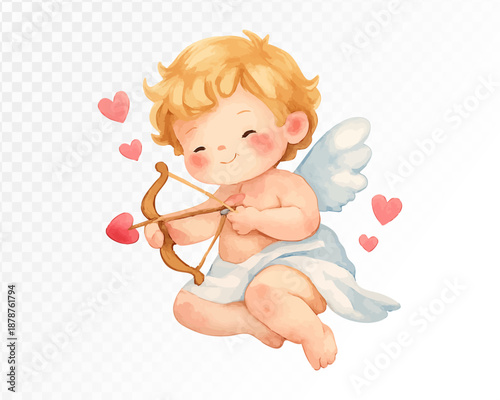 Watercolor cupid angel with bow and heart arrow romantic illustration