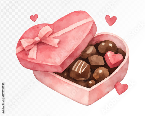 Watercolor pink heart chocolate box with sweets romantic illustration