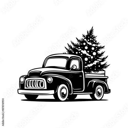 Vintage pickup, truck with Christmas tree. Vector illustration