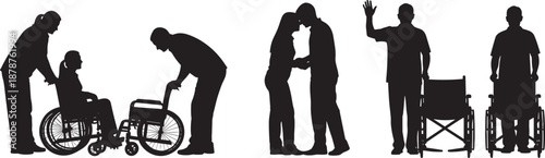 Black silhouettes of disabled people in wheelchairs with caregivers and medical assistants showing accessibility support inclusion and healthcare services for elderly and injured patients