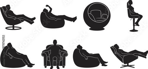 Black silhouettes of people relaxing in modern lounge chairs bean bags and designer furniture isolated on white background for interior design and lifestyle concepts