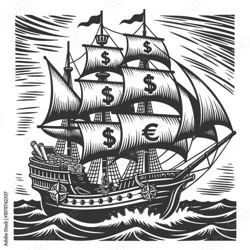 sailing ship with currency symbols on sails, navigating rough waves, symbolizing financial journey sketch engraving generative ai vector illustration. Scratch board imitation. Black and white image.