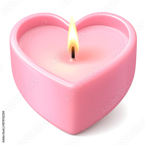 Pink heart candle with gentle flame creating warm romantic glow and soft reflection