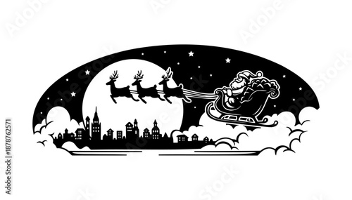 Santa Claus Flying Over City with Reindeer at Night