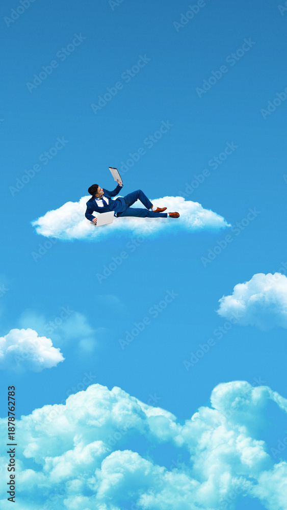Fototapeta premium Minimal poster businessman relaxing on cloud while working on tablet. Concept of flexible business lifestyle, remote management, work life balance, mobile productivity, and executive mobility.