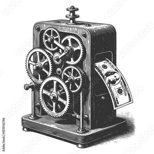 gear-driven machine producing dollar bills, symbolizing profit generation, automation, and financial systems sketch engraving generative ai vector illustration. Scratch board. Black and white image.