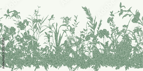Green print of flower field with granular grain texture, dust overlays and faint worn marks on rough aged paper surface.