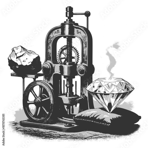 mechanical press transforming a piece of coal into a sparkling diamond, symbolizing pressure and value sketch engraving generative ai vector illustration. Scratch board imitation. Black and white.
