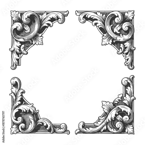 ornate floral corner design, perfect for frames, invitations, or decorative layouts sketch engraving generative ai vector illustration. Scratch board imitation. Black and white image.