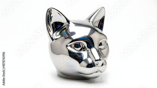 Shiny metallic cat head sculpture with reflective surface