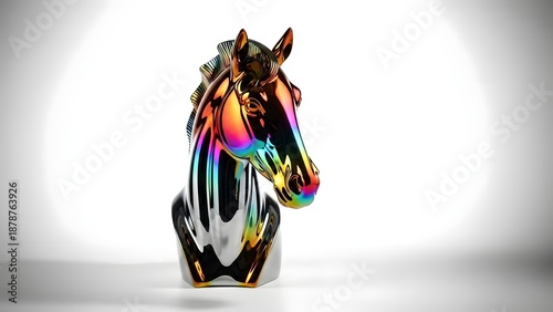 Iridescent horse head sculpture with rainbow colors