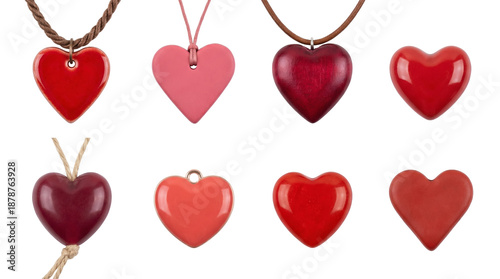 Heart pendant jewelry set including ceramic, wooden, stone, and enamel variants isolated. Romantic accessories and valentine gift collection.