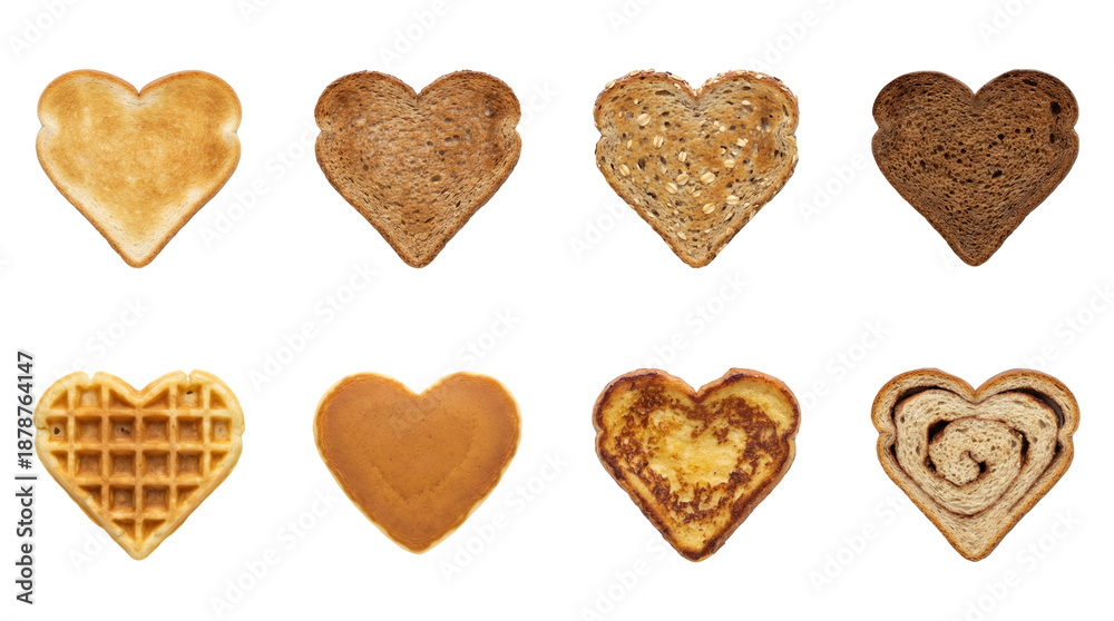 Fototapeta premium Heart shaped breakfast food set including toast, waffle, pancake, french toast, and cinnamon roll isolated. Valentines day and romantic brunch collection.