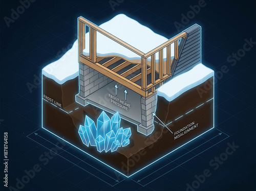 Frost heave pressure causing foundation misalignment in winter, structural damage diagram with frost line and ice crystals