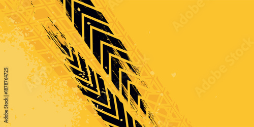 Grunge car tire marks on yellow background with splashes, template for business card with copy space. Vector illustration.