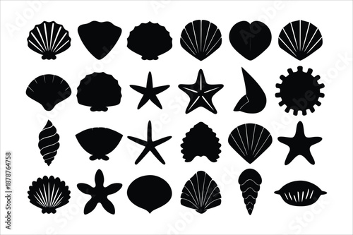 Set of Sea Shells and Starfish Silhouettes Vector Illustration