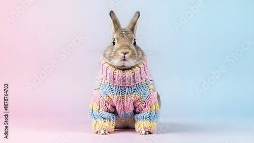 Adorable bunny in colorful knitted sweater on pastel background