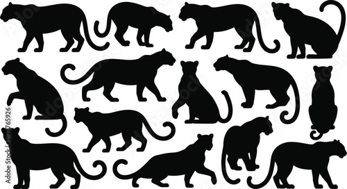 Jaguar Silhouette Vector Set. Featuring sleek feline poses standing, walking, sitting, and prowling. Ideal for wildlife designs, jungle illustrations, and powerful imagery. Vector graphic collection.
